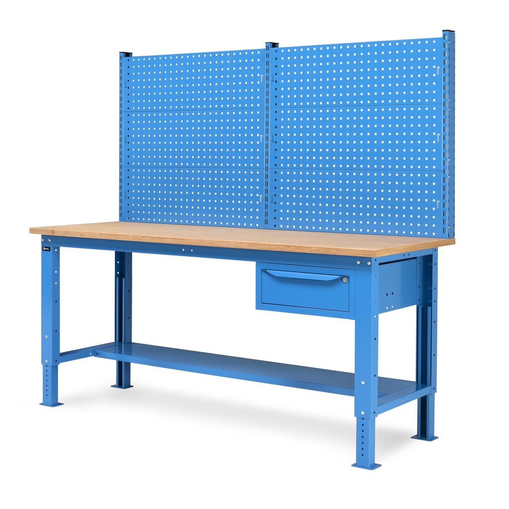 Fami Werkbank, höhenverstellbar, mit Multifunktionswand u. 1 Schublade, TK 1.000 kg, HxBxT 740-1.110 x 2.000 x 750 mm, RAL 5012 lichtblau Produktabbildung Nr. 4: Fami Werkbank, höhenverstellbar, mit Multifunktionswand u. 1 Schublade, TK 1.000 kg, HxBxT 740-1.110 x 2.000 x 750 mm, RAL 5012 lichtblau