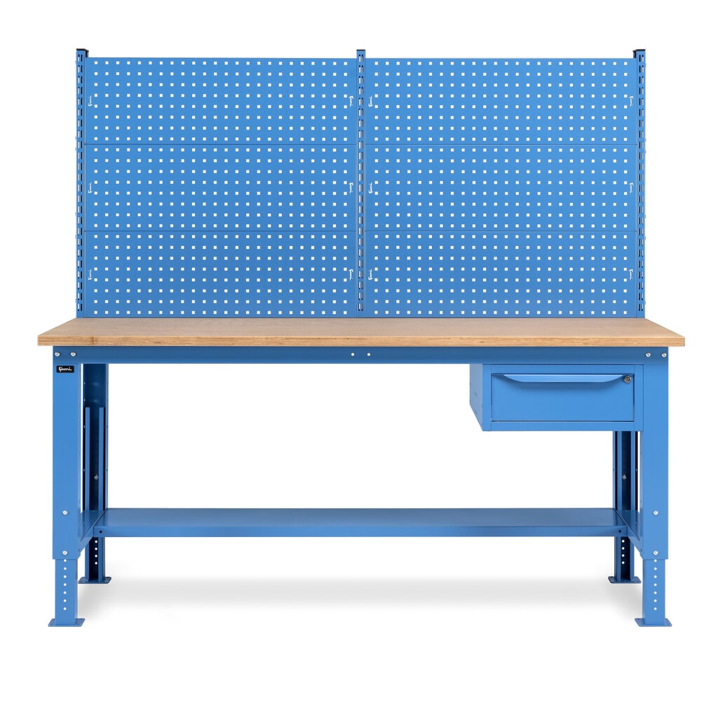 Fami Werkbank, höhenverstellbar, mit Multifunktionswand u. 1 Schublade, TK 1.000 kg, HxBxT 740-1.110 x 2.000 x 750 mm, RAL 5012 lichtblau Produktabbildung Nr. 5: Fami Werkbank, höhenverstellbar, mit Multifunktionswand u. 1 Schublade, TK 1.000 kg, HxBxT 740-1.110 x 2.000 x 750 mm, RAL 5012 lichtblau