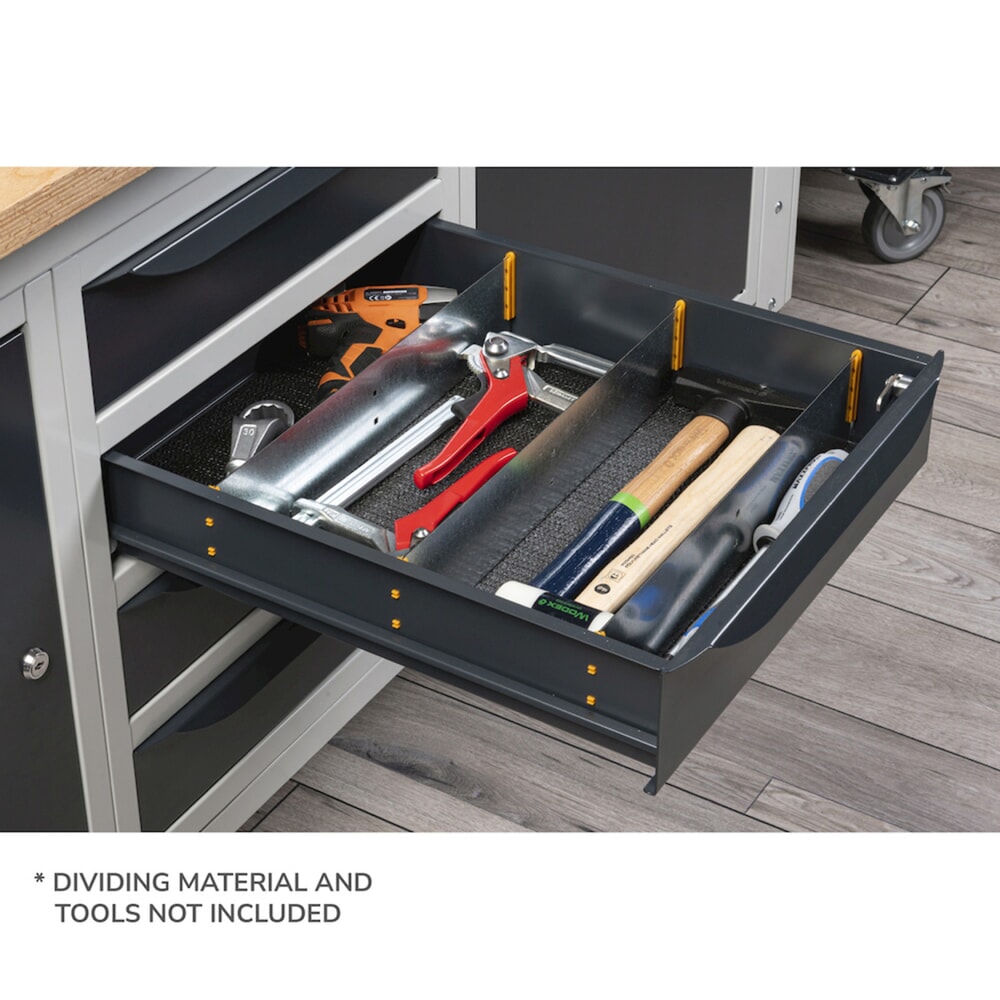 Produktabbildung Nr. 2: Fami Werkbank, höhenverstellbar, 4 Schubladen, Rückwand u. 2 Fachböden, TK 1.000 kg, HxBxT 740-1.110 x 1.500 x 750 mm, RAL 5012 lichtblau