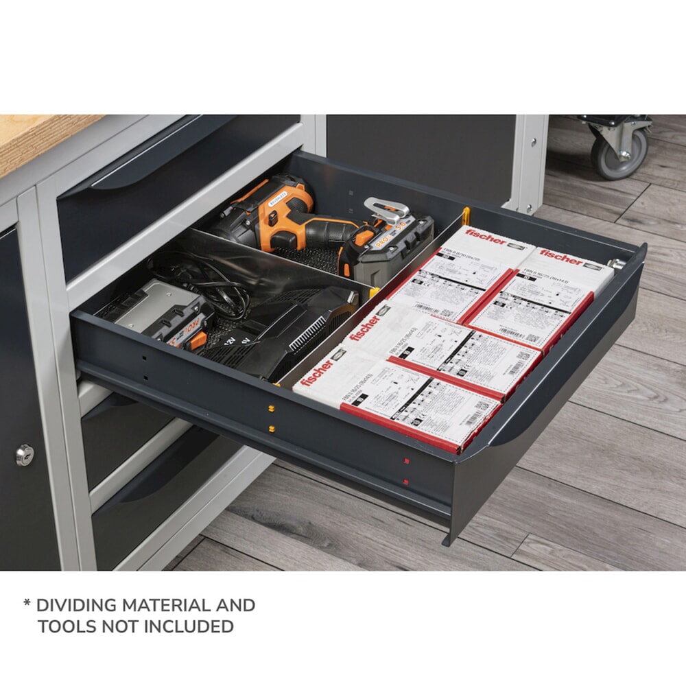 Produktabbildung Nr. 3: Fami Werkbank, höhenverstellbar, 4 Schubladen, Rückwand u. 2 Fachböden, TK 1.000 kg, HxBxT 740-1.110 x 1.500 x 750 mm, RAL 5012 lichtblau