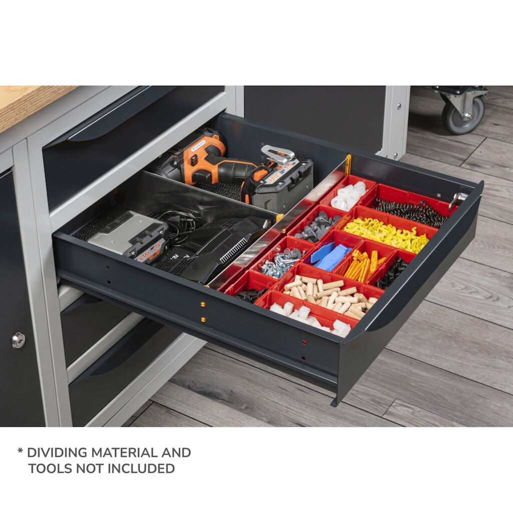 Fami Werkbank, höhenverstellbar, 4 Schubladen u. 1 Schrank, TK 1.000 kg, HxBxT 740-1.110 x 2.000 x 750 mm, RAL 5012 lichtblau Produktabbildung Nr. 5: Fami Werkbank, höhenverstellbar, 4 Schubladen u. 1 Schrank, TK 1.000 kg, HxBxT 740-1.110 x 2.000 x 750 mm, RAL 5012 lichtblau