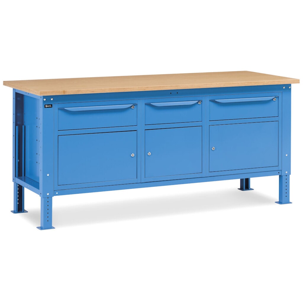 Fami Werkbank, höhenverstellbar, 3 Schubladen u. 3 Schränke, TK 1.000 kg, HxBxT 740-1.110 x 2.000 x 750 mm, RAL 5012 lichtblau Produktabbildung Nr. 8: Fami Werkbank, höhenverstellbar, 3 Schubladen u. 3 Schränke, TK 1.000 kg, HxBxT 740-1.110 x 2.000 x 750 mm, RAL 5012 lichtblau