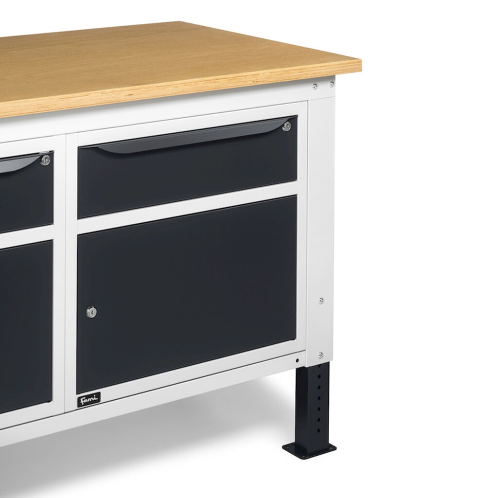 Fami Werkbank, höhenverstellbar, 2 Schubladen u. 2 Schränke, TK 1.000 kg, HxBxT 740-1.110 x 1.500 x 750 mm, RAL 7035 lichtgrau / RAL 7016 anthrazitgrau Produktabbildung Nr. 9: Fami Werkbank, höhenverstellbar, 2 Schubladen u. 2 Schränke, TK 1.000 kg, HxBxT 740-1.110 x 1.500 x 750 mm, RAL 7035 lichtgrau / RAL 7016 anthrazitgrau