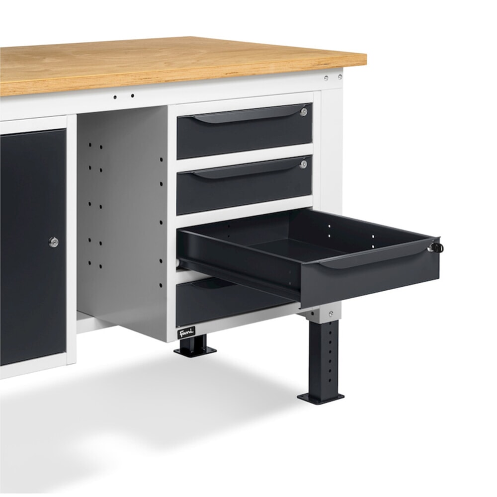 Produktabbildung Nr. 12: Fami Werkbank, höhenverstellbar, 4 Schubladen (Lücke) u. 1 Schrank, TK 1.000 kg, HxBxT 740-1.110 x 1.500 x 750 mm, RAL 7035 lichtgrau / RAL 7016 anthrazitgrau