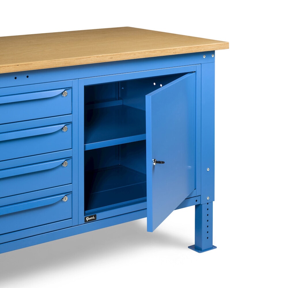 Produktabbildung Nr. 10: Fami Werkbank, höhenverstellbar, 4 Schubladen u. 2 Schränke, TK 1.000 kg, HxBxT 740-1.110 x 2.000 x 750 mm, RAL 5012 lichtblau