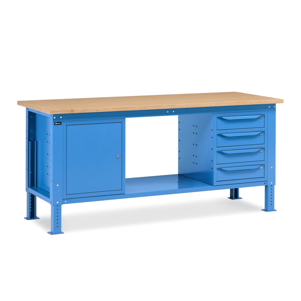 Fami Werkbank, höhenverstellbar, 4 Schubladen u. 1 Schrank, TK 1.000 kg, HxBxT 740-1.110 x 2.000 x 750 mm, RAL 5012 lichtblau Produktabbildung: Fami Werkbank, höhenverstellbar, 4 Schubladen u. 1 Schrank, TK 1.000 kg, HxBxT 740-1.110 x 2.000 x 750 mm, RAL 5012 lichtblau