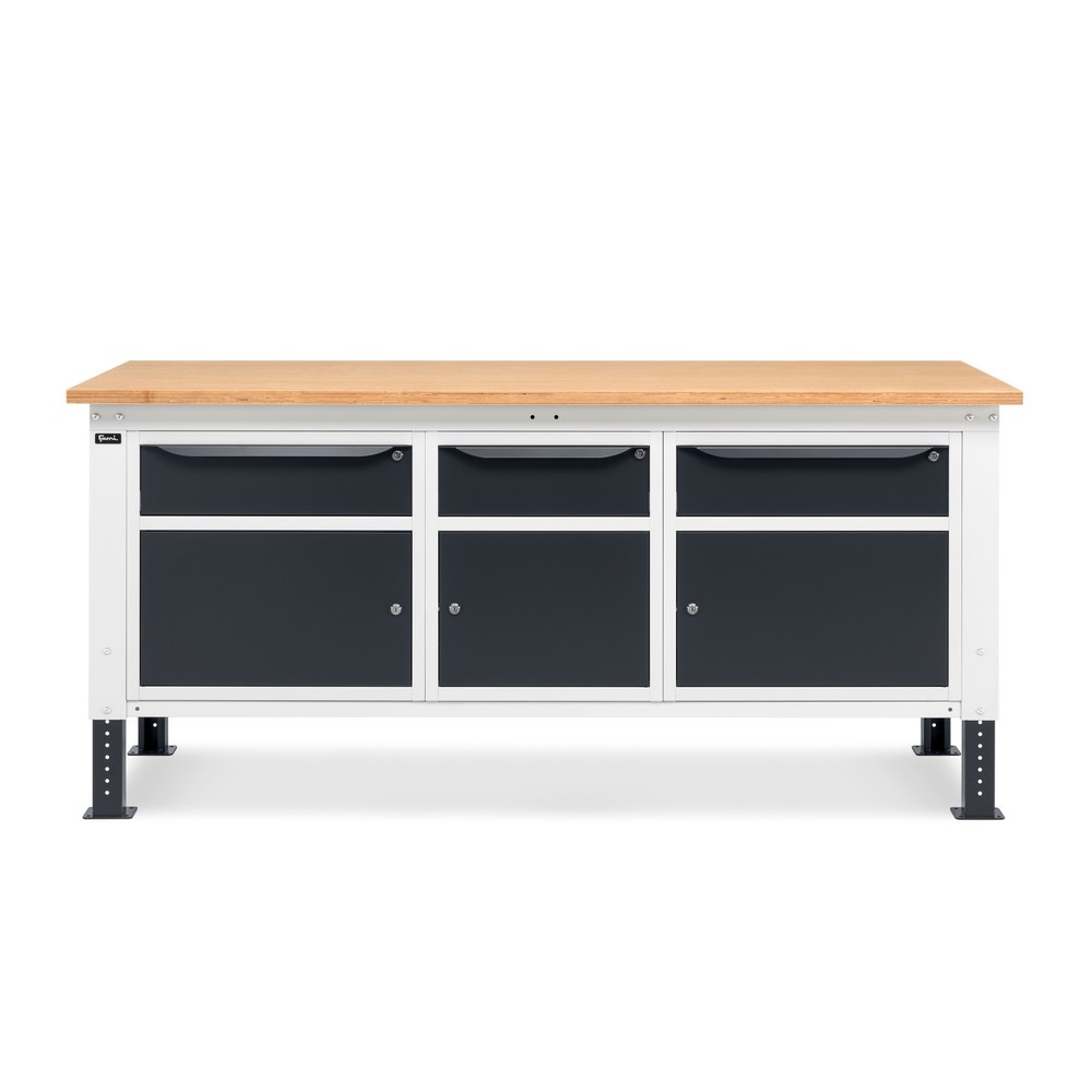 Produktabbildung Nr. 2: Fami Werkbank, höhenverstellbar, 3 Schubladen u. 3 Schränke, TK 1.000 kg, HxBxT 740-1.110 x 2.000 x 750 mm, RAL 7035 lichtgrau / RAL 7016 anthrazitgrau