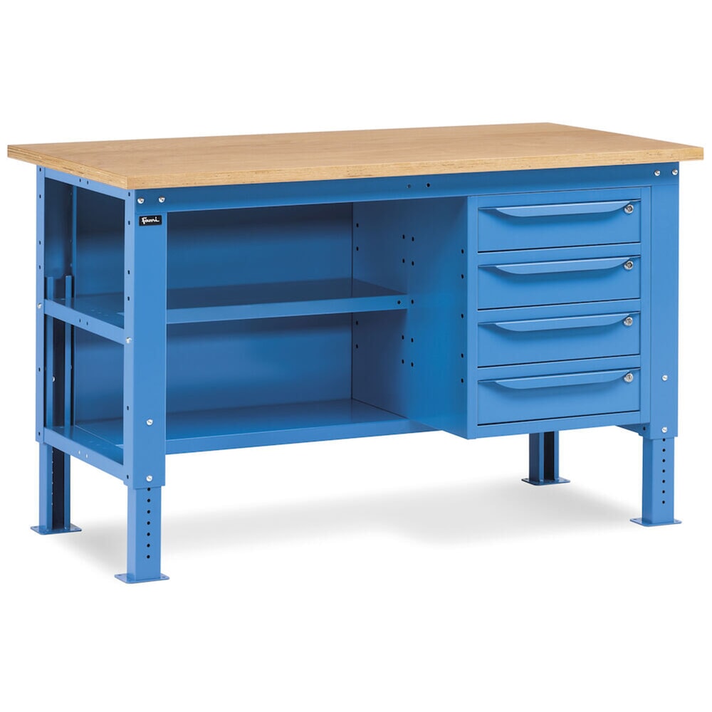 Produktabbildung Nr. 8: Fami Werkbank, höhenverstellbar, 4 Schubladen, Rückwand u. 2 Fachböden, TK 1.000 kg, HxBxT 740-1.110 x 1.500 x 750 mm, RAL 5012 lichtblau