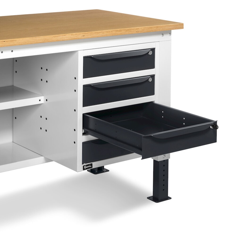 Produktabbildung Nr. 10: Fami Werkbank, höhenverstellbar, 4 Schubladen, Rückwand u. 2 Fachböden, TK 1.000 kg, HxBxT 740-1.110 x 1.500 x 750 mm, RAL 7035 lichtgrau / RAL 7016 anthrazitgrau