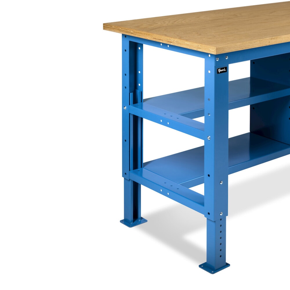 Produktabbildung Nr. 12: Fami Werkbank, höhenverstellbar, 4 Schubladen, Rückwand u. 2 Fachböden, TK 1.000 kg, HxBxT 740-1.110 x 1.500 x 750 mm, RAL 5012 lichtblau