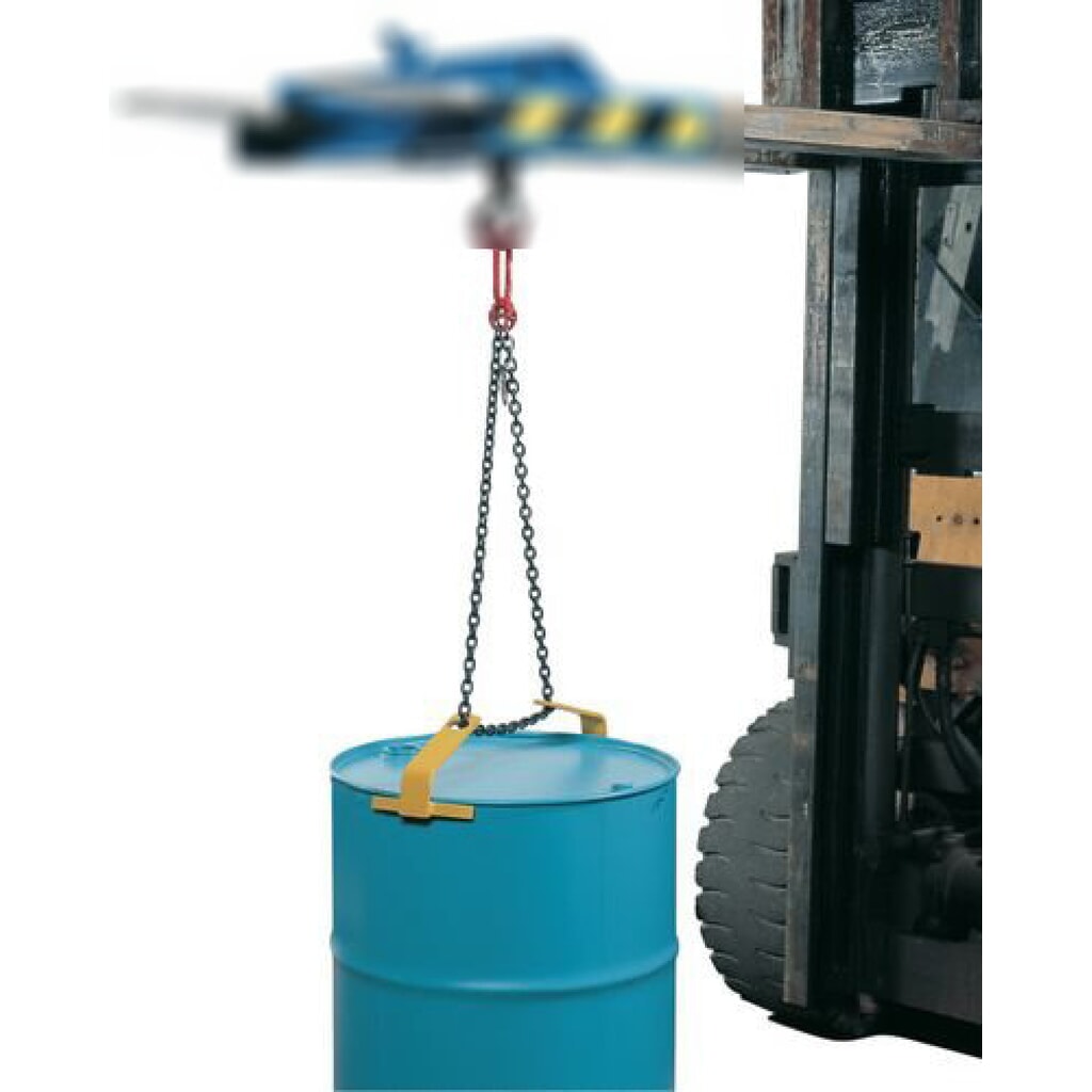 Produktabbildung: DENIOS Fassgreifer FGH für Stahl und Kunststoff-L-Ringfässer, Kettenausführung, für 1x 60- bis 220-Liter-Fass