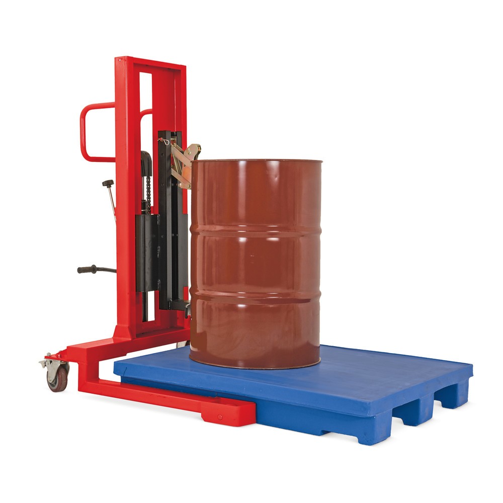 Produktabbildung: Fassheber mit Fußpedalhub, Frontalaufnahme, Hubhöhe 750 mm, TK 350 kg, RAL 3020 verkehrsrot
