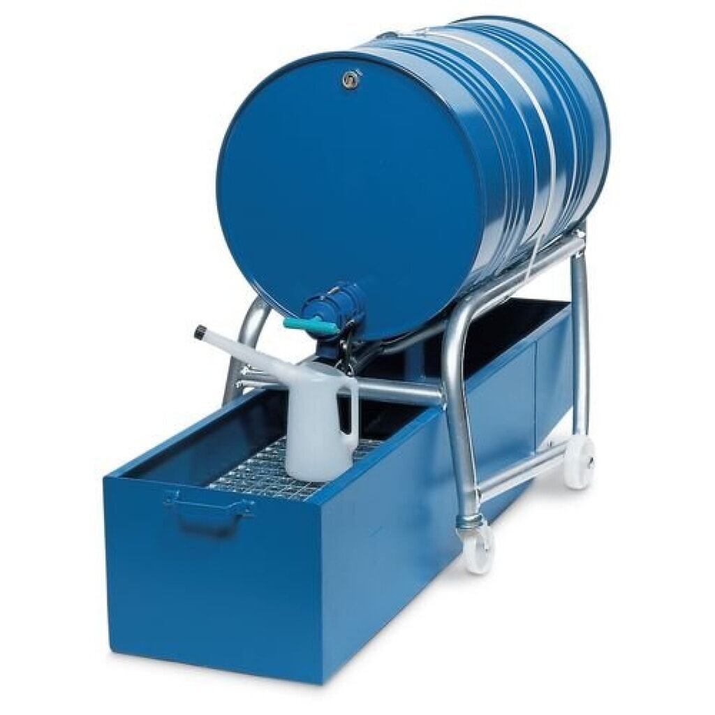 Fasskipper mit Hebelstange, für 1x 200-Liter-Fass, inkl. Rollenauflage und Auffangwanne Produktabbildung: Fasskipper mit Hebelstange, für 1x 200-Liter-Fass, inkl. Rollenauflage und Auffangwanne