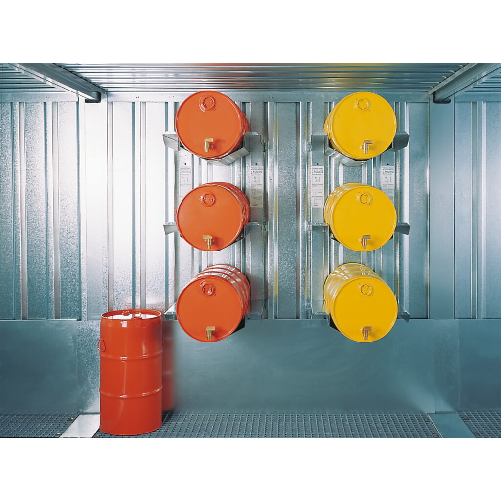 Produktabbildung: Fassregal für 3x 50/60L Fässer, liegende Lagerung für SAFE Tank Gefahrstoffcontainer