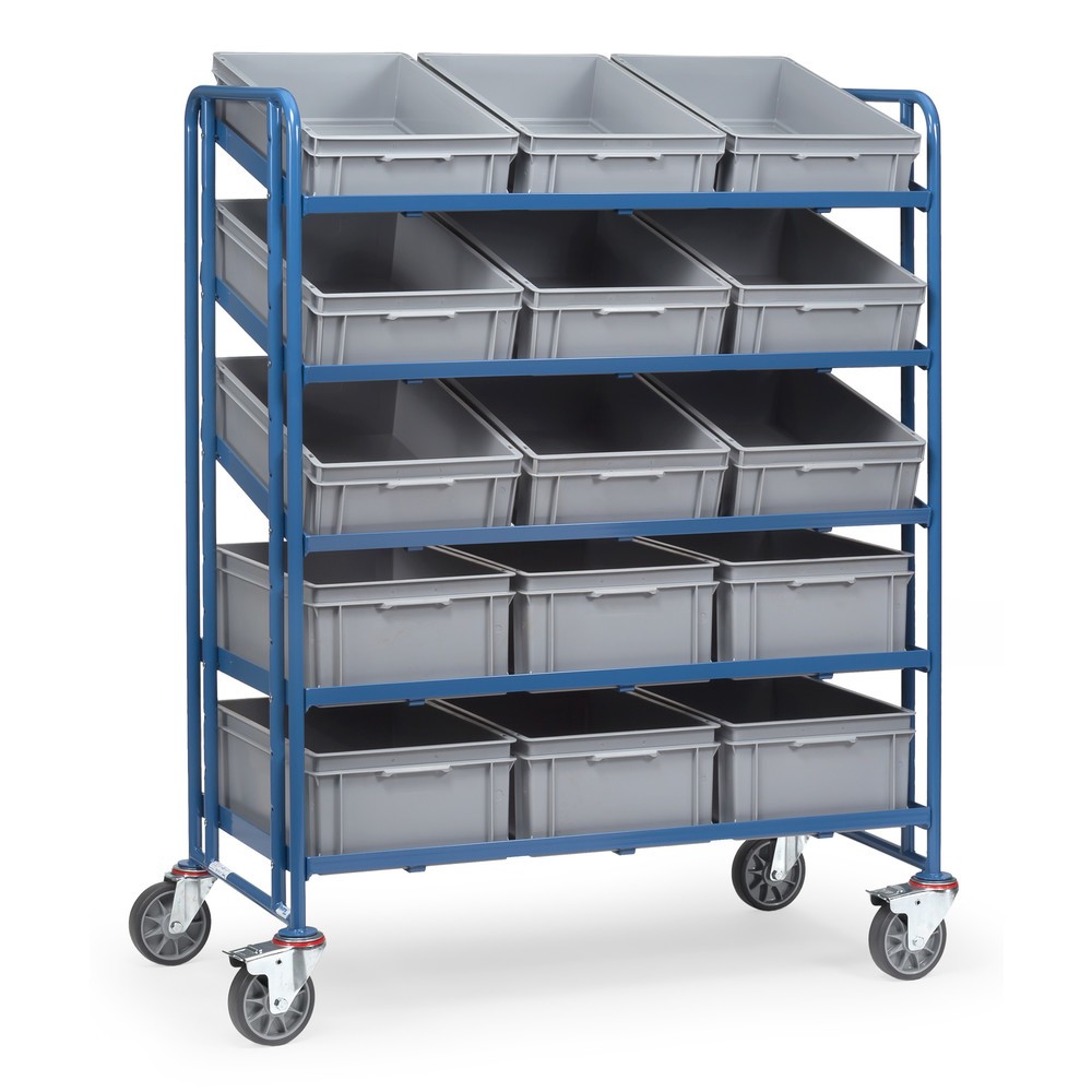 Illustration du produit: fetra® Chariot à plateaux pour bacs Euro, avec bacs, capacité de charge 400 kg, 5 plateaux de 1 240 x 610 mm