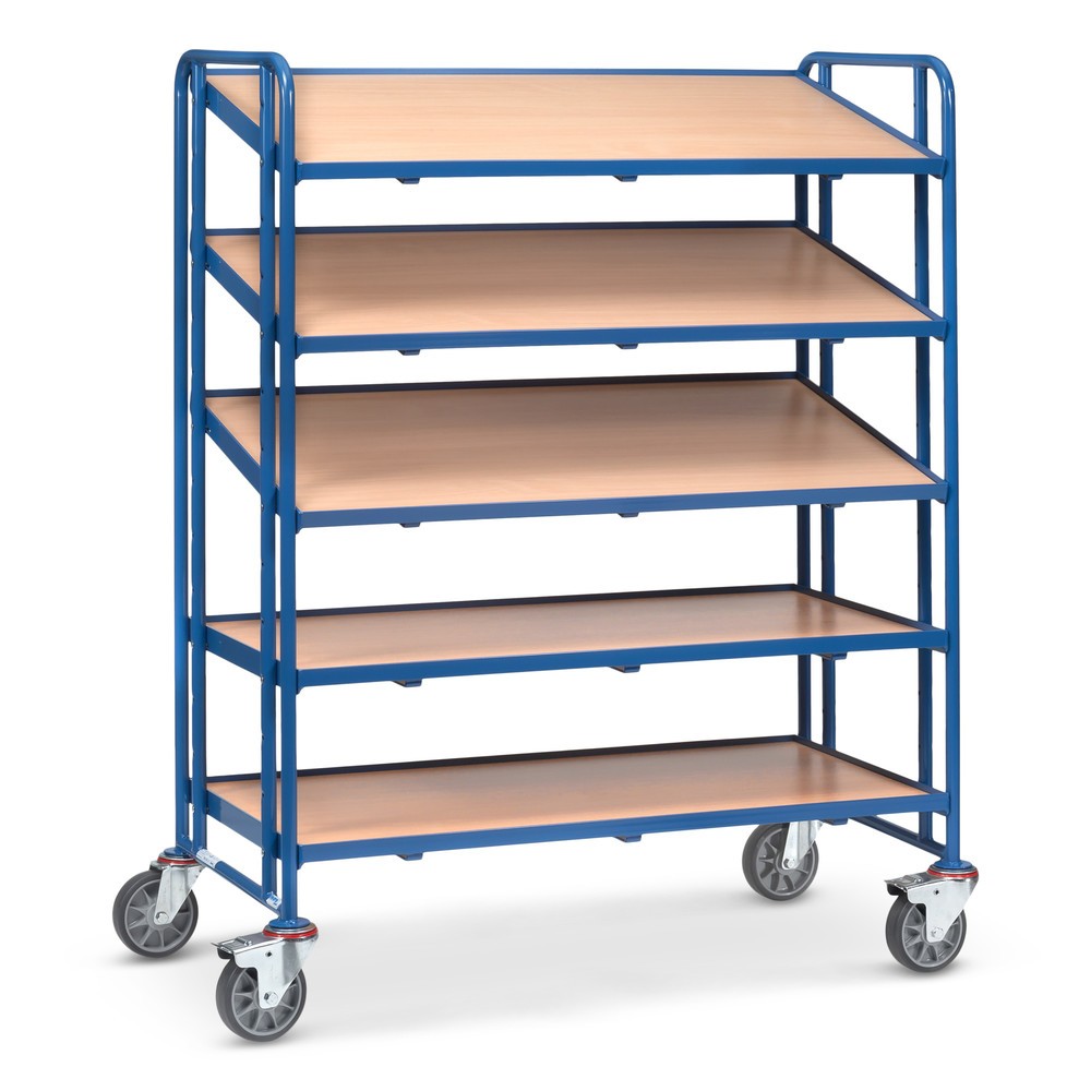 Illustration du produit: fetra® Chariot à plateaux pour bacs Euro, avec tablettes, capacité de charge 300 kg, 5 plateaux de 1 240 x 610 mm