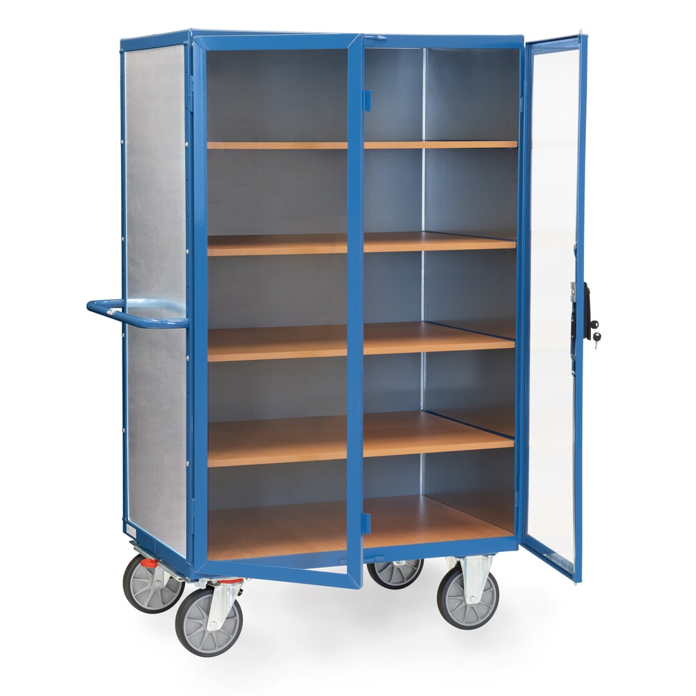 N° de l'image du produit 4 : Chariot-caisse fetra® avec parois en tôle d’acier, portes transparentes, 4 plateaux intermédiaires, HxLxP 1 792 x 845 x 1.170 mm