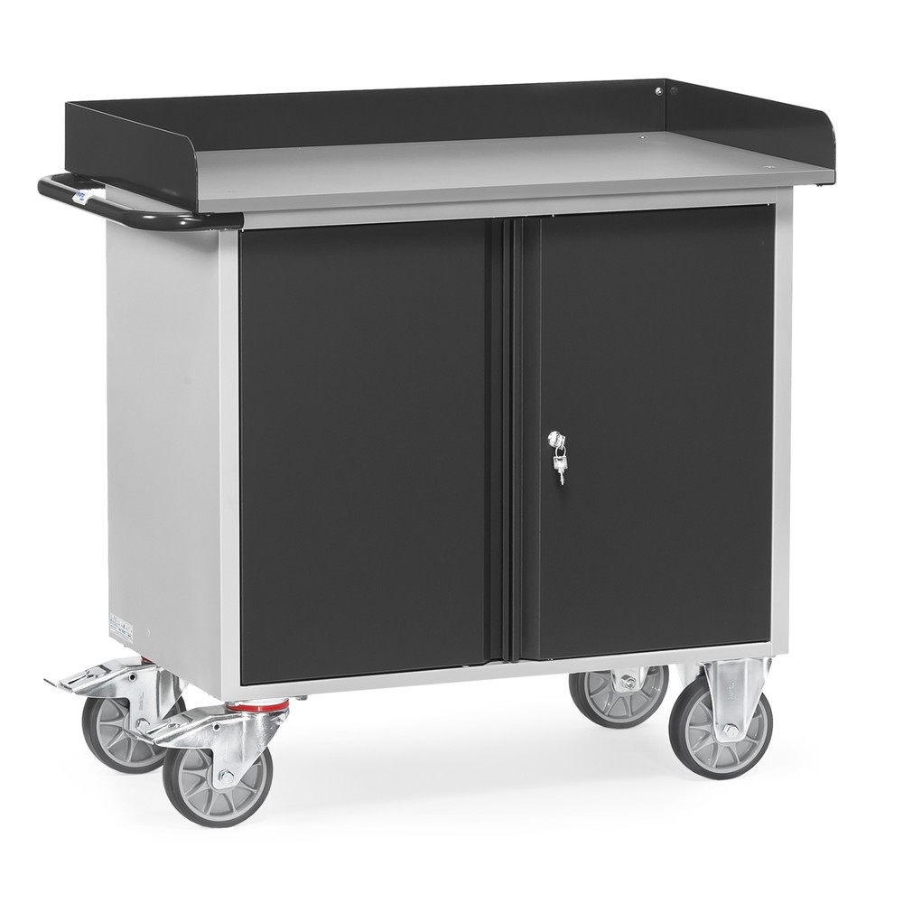 N° de l'image du produit 1 : Chariot d'atelier fetra® avec bord haut, armoire à double porte, 3 étagères