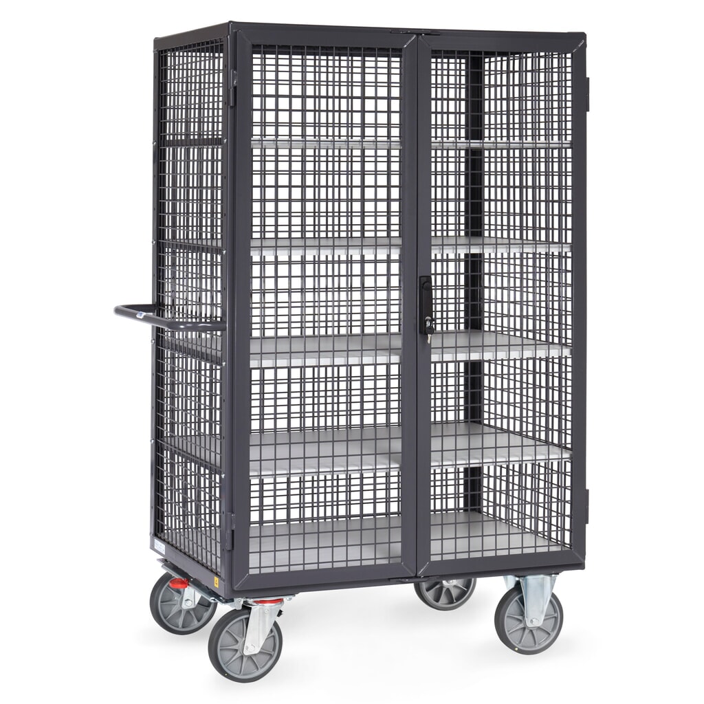 fetra® ESD-Schrankwagen, TK 750 kg, Gitterwände, mit Doppelflügeltür, 5 Etagen à 1.000 x 680 mm Produktabbildung: fetra® ESD-Schrankwagen, TK 750 kg, Gitterwände, mit Doppelflügeltür, 5 Etagen à 1.000 x 680 mm