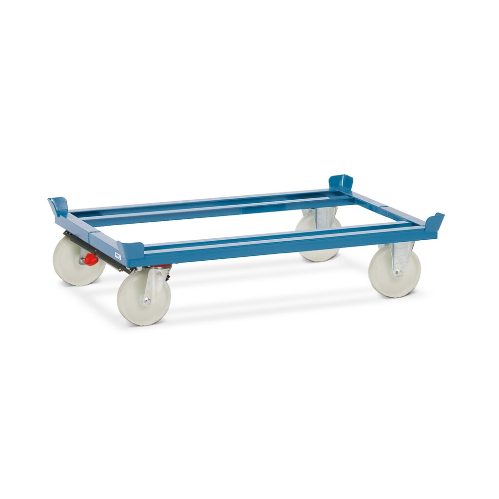 fetra® Fahrgestell mit Fangecken, TK 1.000 kg, für Paletten 1.200 x 800 mm, Polyamid-Bereifung, mit Zentralbremse Produktabbildung: fetra® Fahrgestell mit Fangecken, TK 1.000 kg, für Paletten 1.200 x 800 mm, Polyamid-Bereifung, mit Zentralbremse