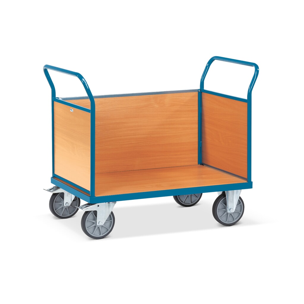 Produktabbildung: fetra® Plattformwagen, 3-seitig mit Holzwänden, Ladefläche BxT 500 x 850 mm