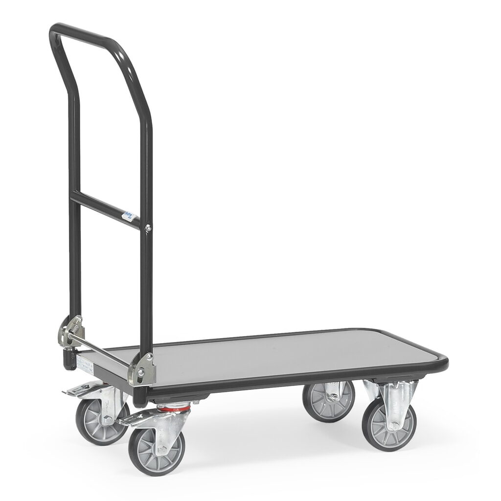 fetra® Plattformwagen mit Holzladefläche, Bügel klappbar, BxT 450 x 720 mm, TK 250 kg, anthrazitgrau Produktabbildung: fetra® Plattformwagen mit Holzladefläche, Bügel klappbar, BxT 450 x 720 mm, TK 250 kg, anthrazitgrau