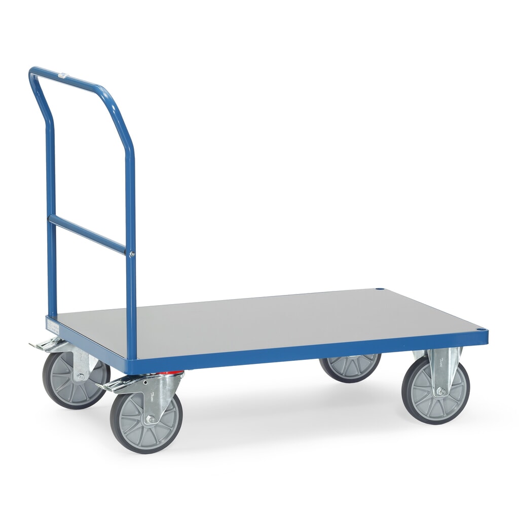 fetra® Plattformwagen mit Schiebebügel, witterungsfeste Ladefläche BxT 800 x 1.200 mm, brillantblau Produktabbildung: fetra® Plattformwagen mit Schiebebügel, witterungsfeste Ladefläche BxT 800 x 1.200 mm, brillantblau