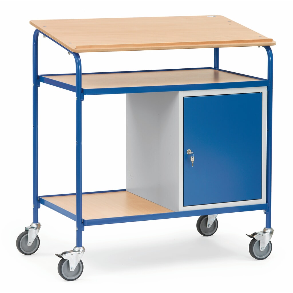 fetra® Rollpult, Tragkraft 100 kg, 2 Ablageböden, 1 Stahlschrank Produktabbildung: fetra® Rollpult, Tragkraft 100 kg, 2 Ablageböden, 1 Stahlschrank