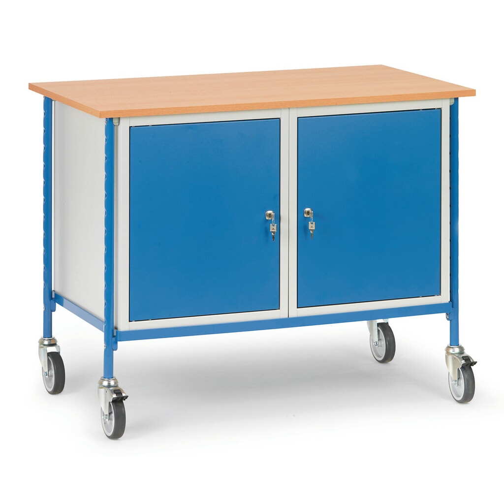 fetra® Rolltisch, Tagkraft 150 kg, 2 Stahlschränke Produktabbildung: fetra® Rolltisch, Tagkraft 150 kg, 2 Stahlschränke
