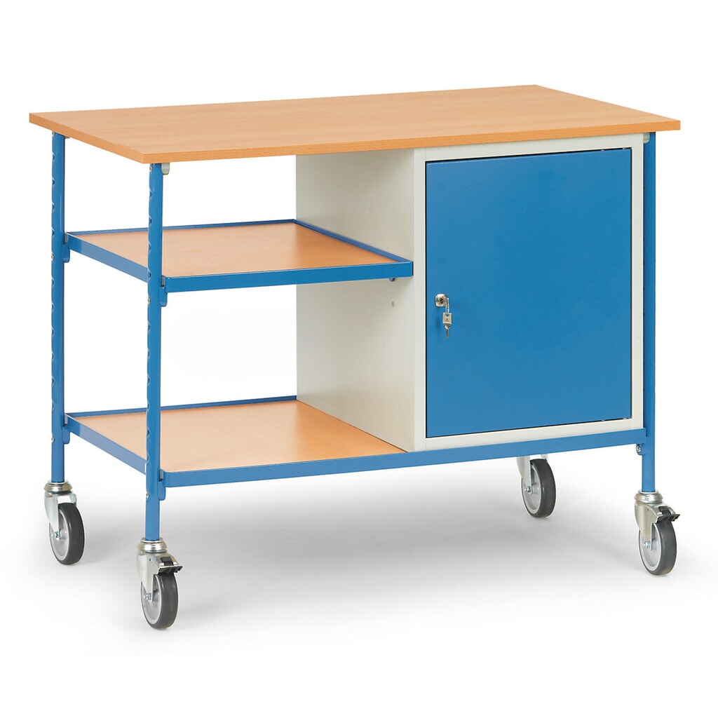 fetra® Rolltisch, Tagkraft 150 kg, 2 Ablageböden, 1 Stahlschrank Produktabbildung: fetra® Rolltisch, Tagkraft 150 kg, 2 Ablageböden, 1 Stahlschrank