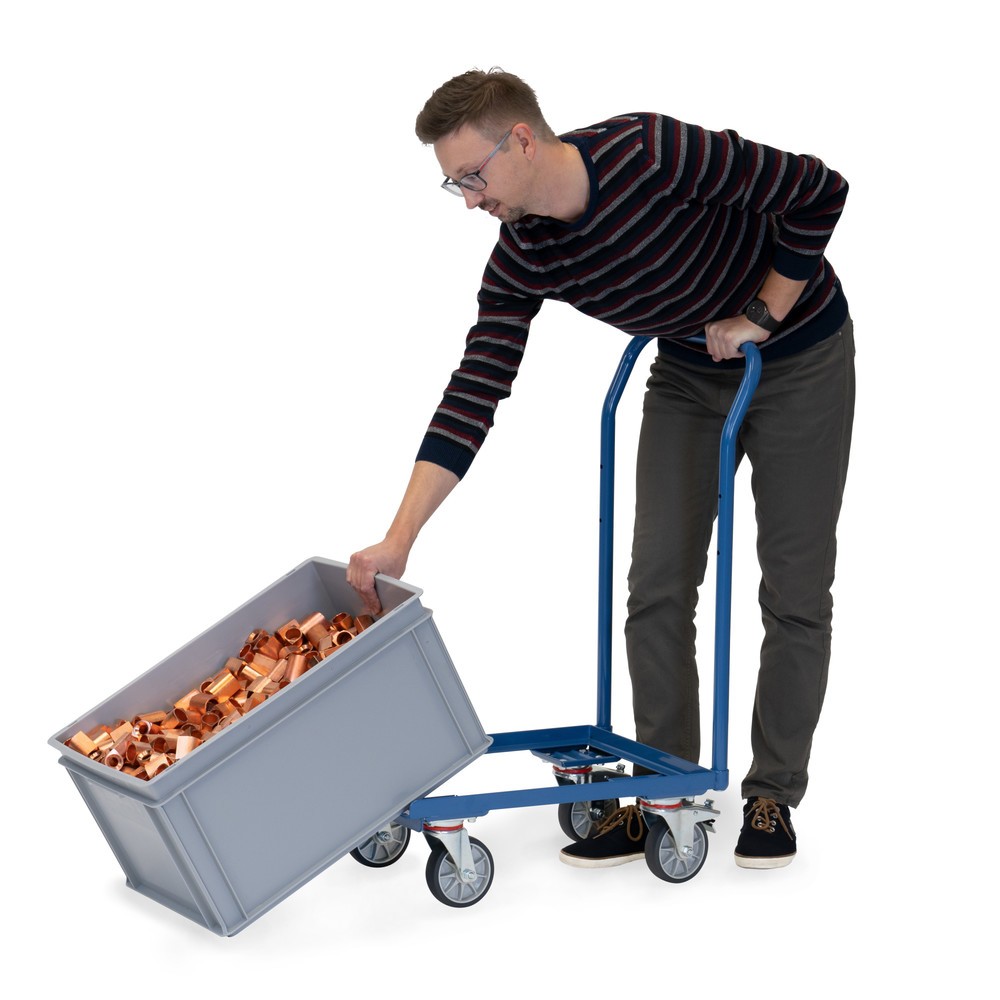 N° de l'image du produit 2 : fetra® Rouleur pour bacs Euro en acier avec dossier de poussée, capacité de charge 250 kg, surface de chargement LxP 610 x 410 mm, bord ouvert