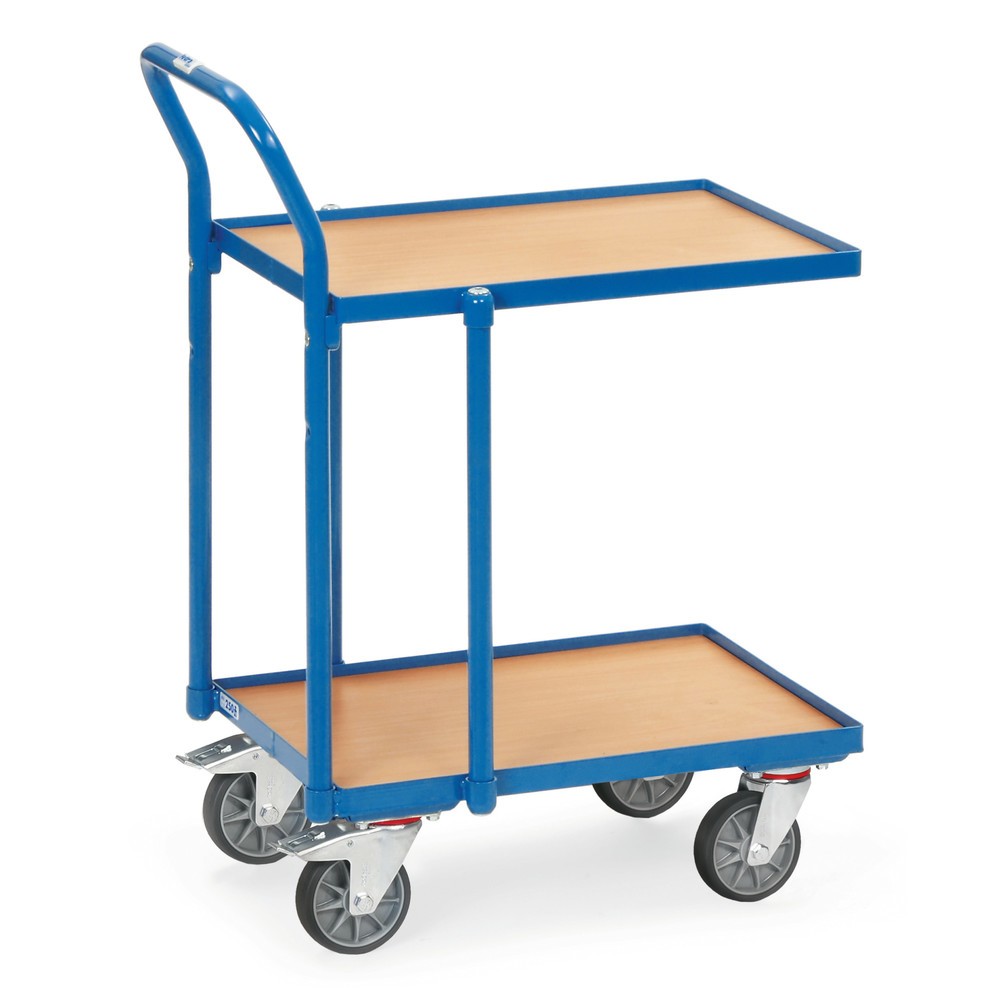 Illustration du produit: Chariot à bacs euro fetra® en acier avec dossier de poussée, capacité de charge 250 kg, plateau en bois avec bord LxP 610 x 410 mm