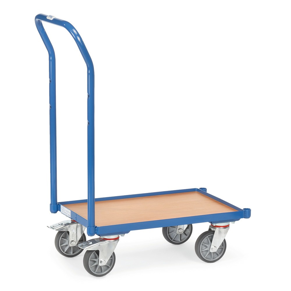 Illustration du produit: fetra® Rouleur pour bacs Euro en acier avec dossier de poussée, capacité de charge 250 kg, plateforme en bois avec bord LxP 610 x 410 mm