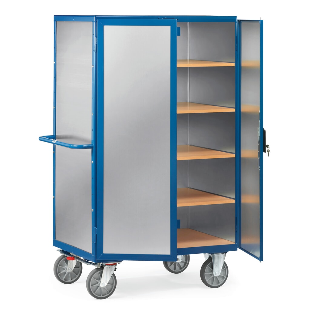 Produktabbildung: fetra® Schrankwagen, geschlossen, mit Doppelflügeltür, Alublech, 5 Etagen à 1.200 x 780 mm