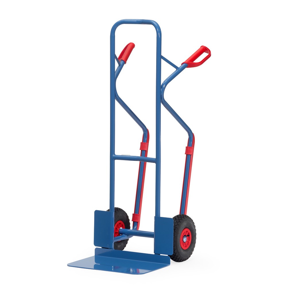 Produktabbildung: fetra® Stapelkarre, Tragkraft 300 kg, Schaufel BxT 480 x 300 mm, mit Gleitkufen, Luft-Bereifung, brillantblau
