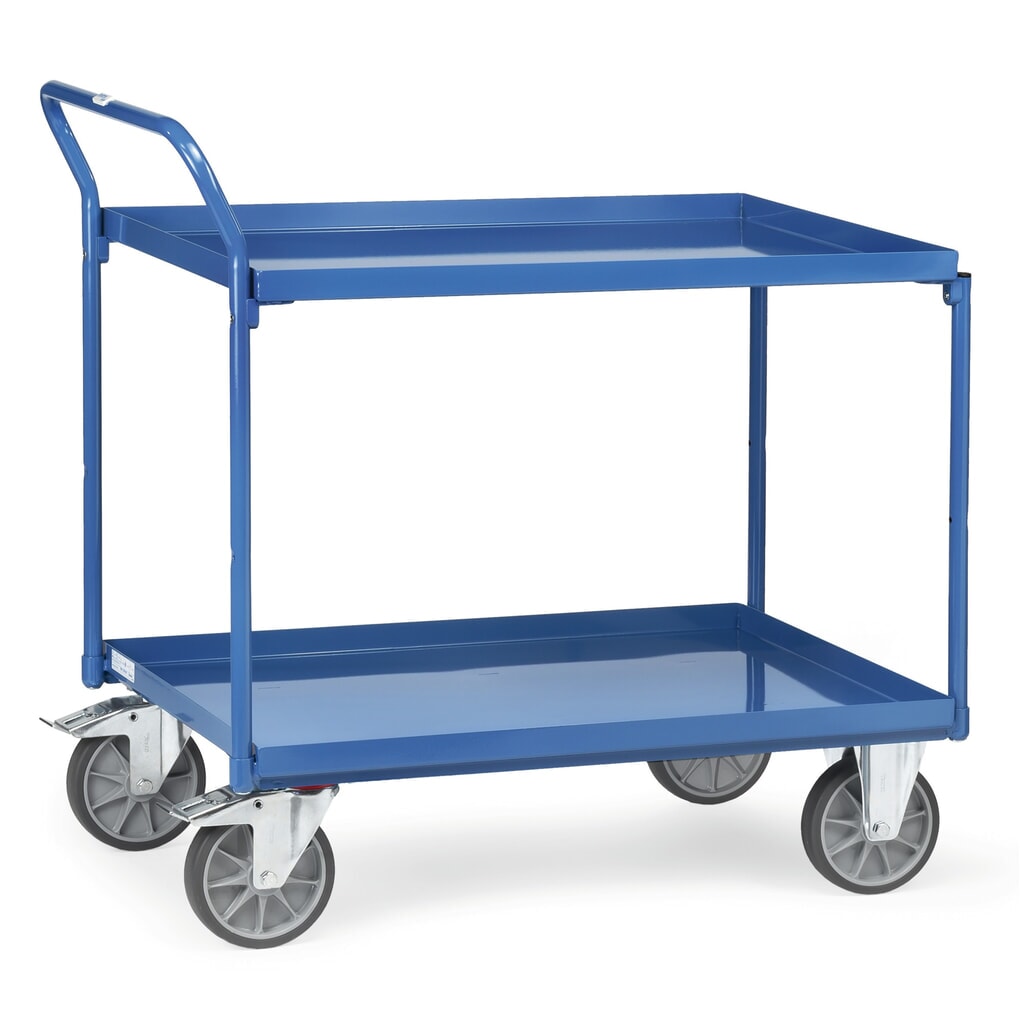 Produktabbildung: fetra® Tischwagen mit öldichten Wannen, 2 Etagen à 850 x 500 mm, hochstehender Bügel