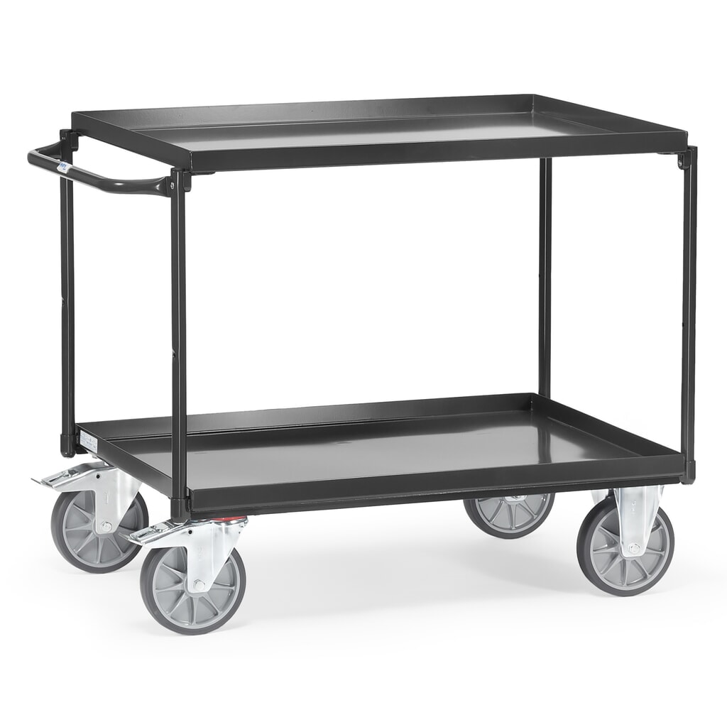 fetra® Tischwagen mit öldichten Wannen, 2 Etagen à 850 x 500 mm, waagerechter Bügel, anthrazitgrau Produktabbildung: fetra® Tischwagen mit öldichten Wannen, 2 Etagen à 850 x 500 mm, waagerechter Bügel, anthrazitgrau