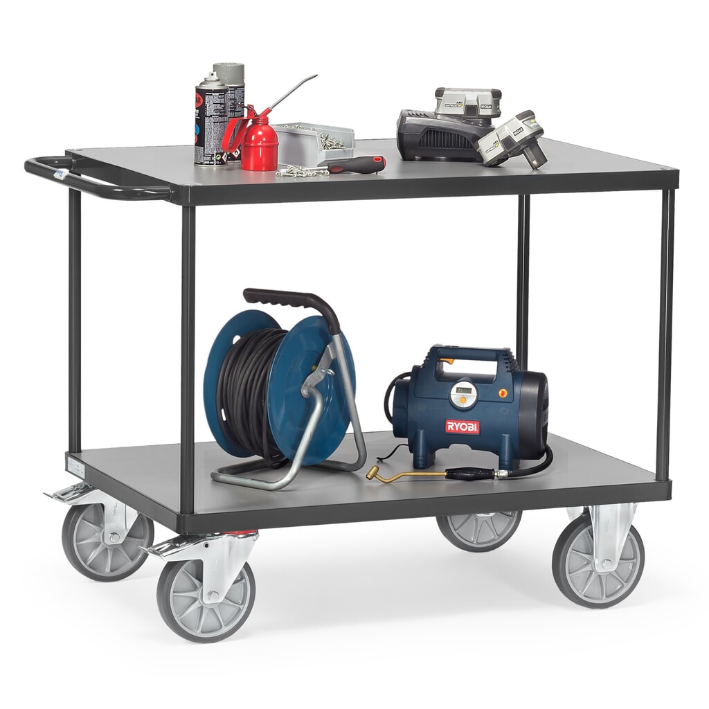 fetra® Schwerer Tisch- und Montagewagen, 2 Etagen à 600 x 1.000 mm, anthrazitgrau Produktabbildung Nr. 3: fetra® Schwerer Tisch- und Montagewagen, 2 Etagen à 600 x 1.000 mm, anthrazitgrau