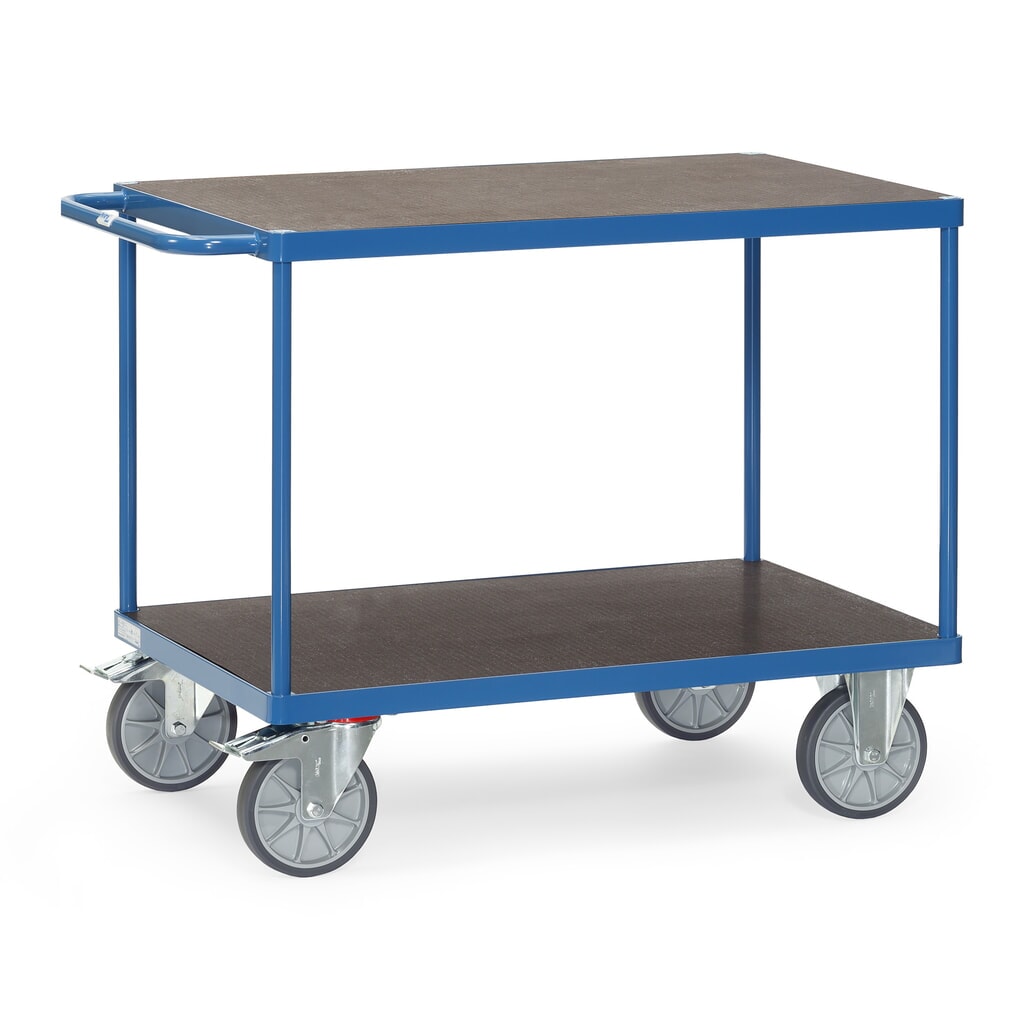 fetra® Schwerer Tisch- und Montagewagen, rutschsichere Ladefläche, 2 Etagen à 700 x 1.000 mm, brillantblau Produktabbildung: fetra® Schwerer Tisch- und Montagewagen, rutschsichere Ladefläche, 2 Etagen à 700 x 1.000 mm, brillantblau