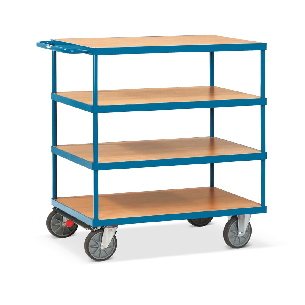 Produktabbildung: fetra® Schwerer Tisch- und Montagewagen, 4 Etagen à 700 x 1.000 mm, mit Zentralbremse