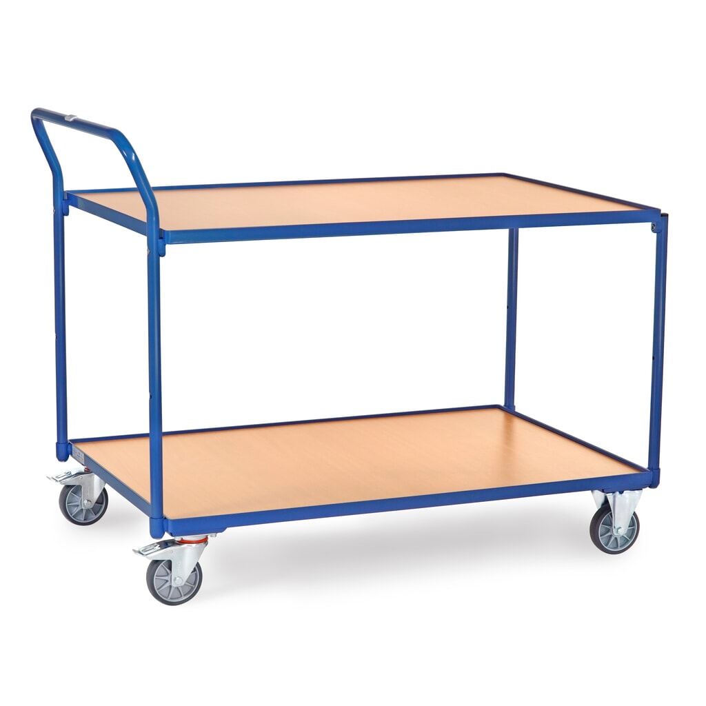 fetra® Tischwagen, TK 300 kg, 2 Etagen à 1.200 x 800 mm, hochstehender Schiebebügel Produktabbildung: fetra® Tischwagen, TK 300 kg, 2 Etagen à 1.200 x 800 mm, hochstehender Schiebebügel