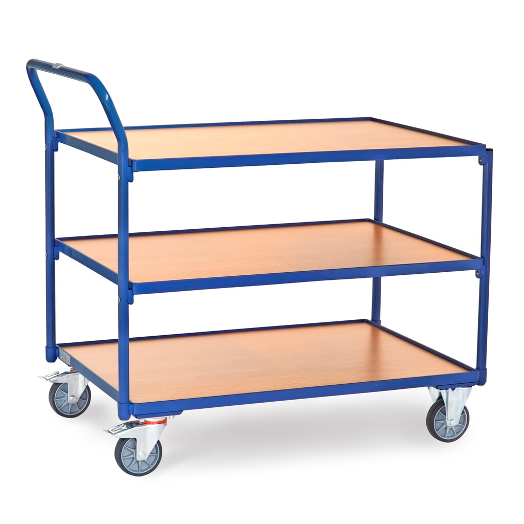 fetra® Tischwagen, TK 300 kg, 3 Etagen à 1.000 x 700 mm, hochstehender Schiebebügel Produktabbildung: fetra® Tischwagen, TK 300 kg, 3 Etagen à 1.000 x 700 mm, hochstehender Schiebebügel