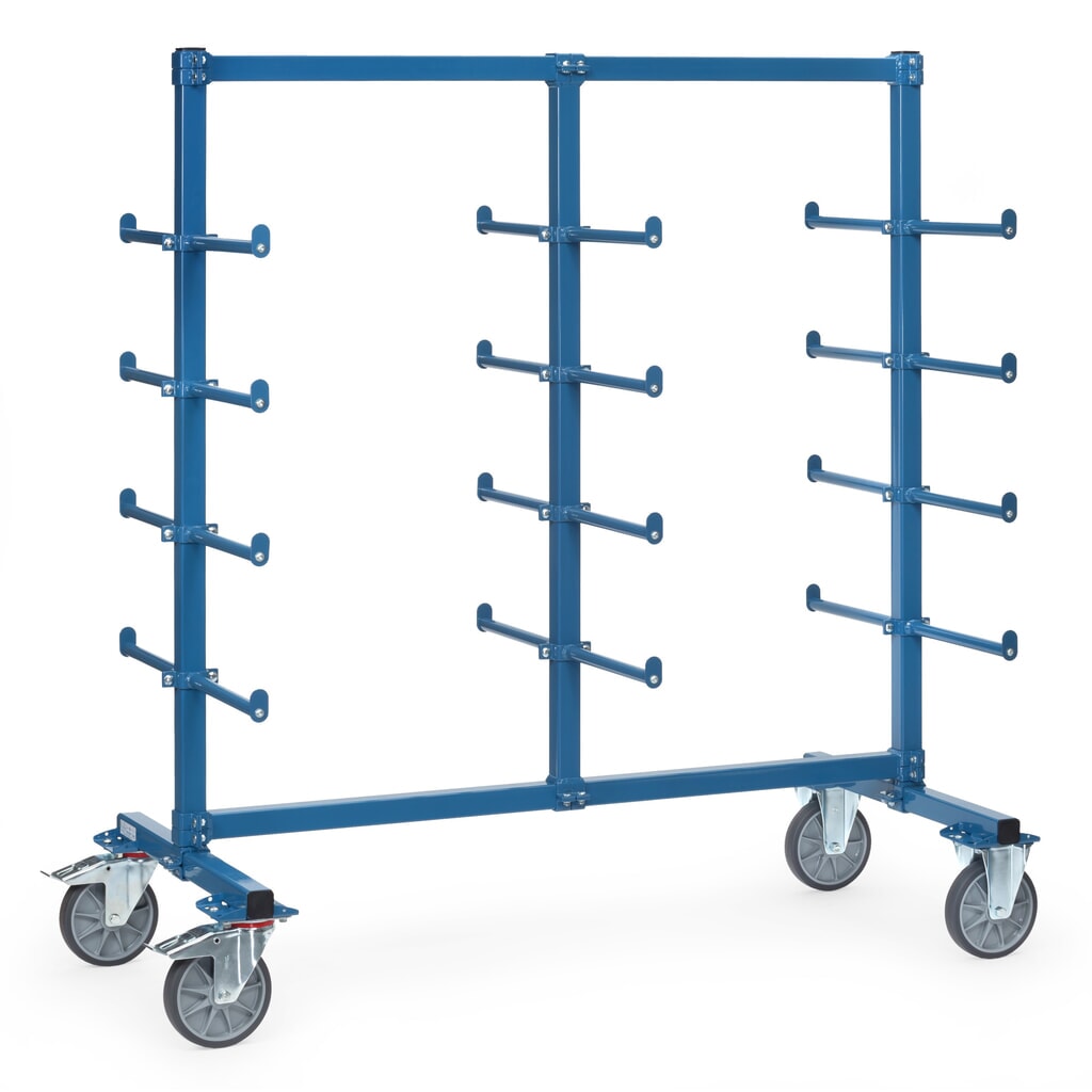 fetra® Tragarmwagen, zweiseitig, 24 Tragarme mit Abrollsicherung und PVC, HxBxT 1.807 x 1.400 x 800 mm Produktabbildung: fetra® Tragarmwagen, zweiseitig, 24 Tragarme mit Abrollsicherung und PVC, HxBxT 1.807 x 1.400 x 800 mm