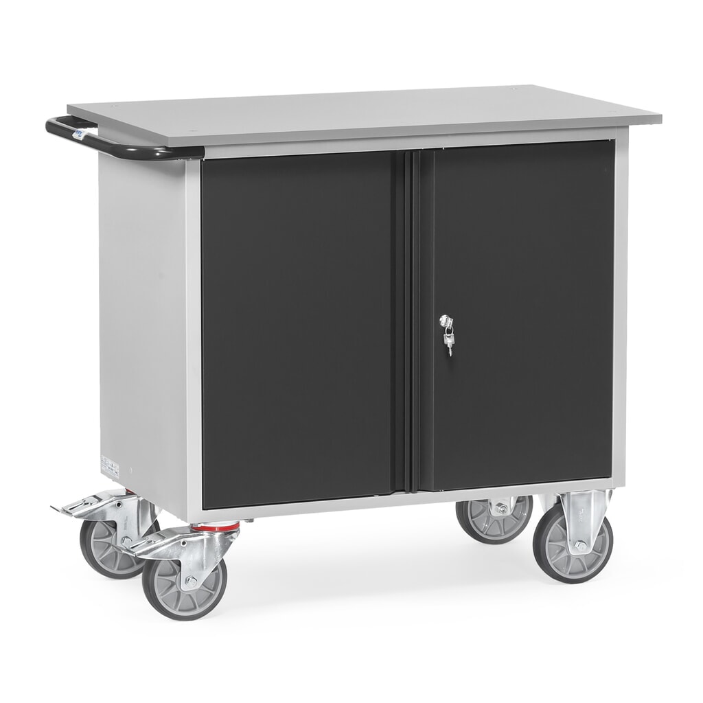 fetra® Werkstattwagen mit flacher Arbeitsplatte, Doppelflügeltürschrank, 3 Ablagen Produktabbildung: fetra® Werkstattwagen mit flacher Arbeitsplatte, Doppelflügeltürschrank, 3 Ablagen
