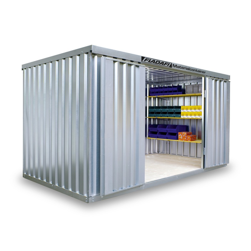 Produktabbildung Nr. 1: FLADAFI® Materialcontainer 8m², verzinkt, zerlegt, mit Holzfußboden, Maße außen 4050x2170x2150 mm, Doppelflügeltür (asymmetrische Teilung), mittig in Breitseite