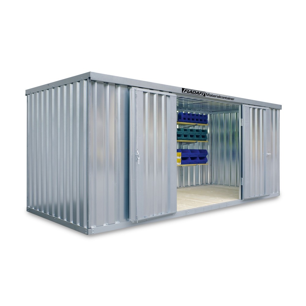 Produktabbildung Nr. 1: FLADAFI® Materialcontainer 10m², verzinkt, zerlegt, mit Holzfußboden, Maße außen 5080x2170x2150 mm, Einzelflügeltür, mittig in Stirnseite