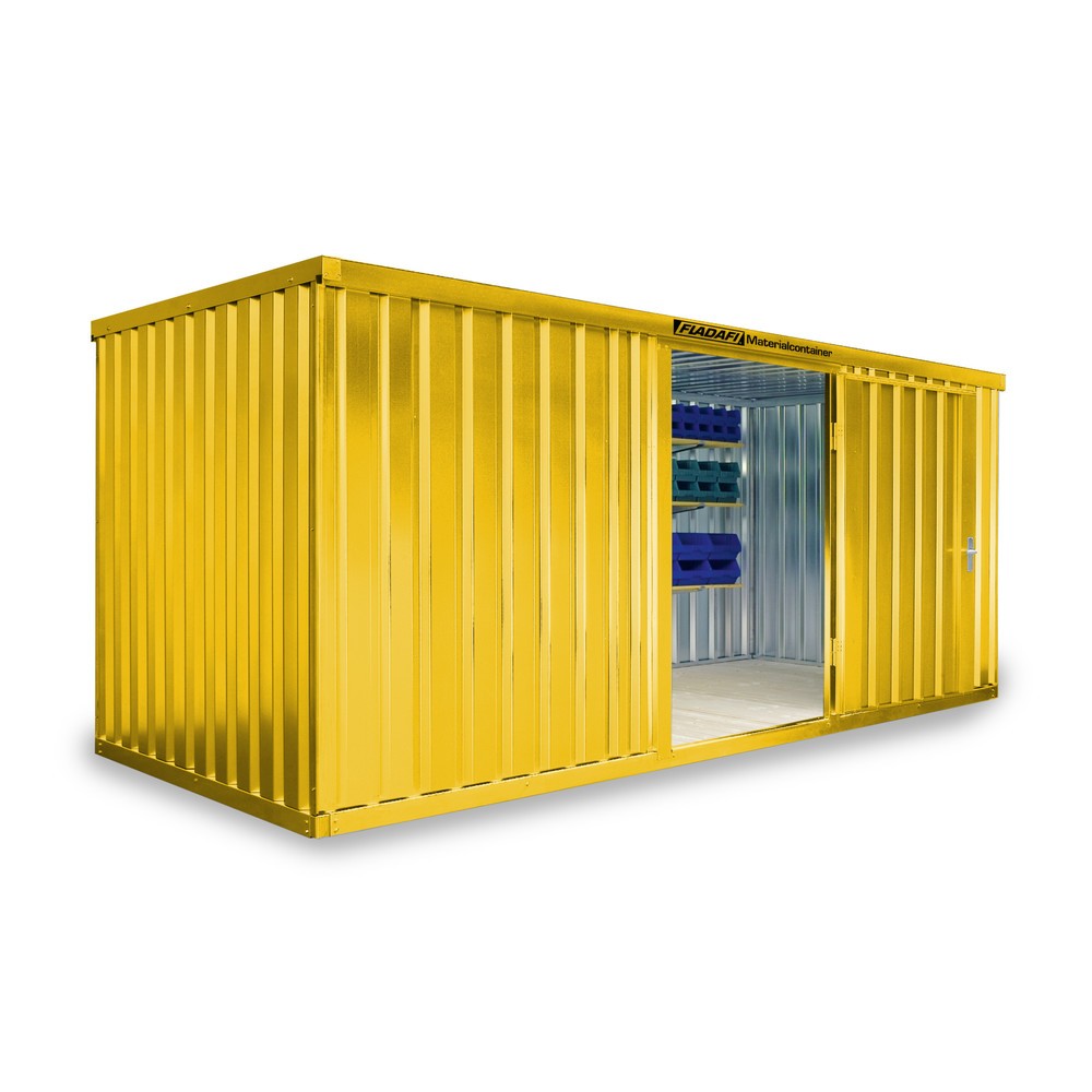Produktabbildung: FLADAFI® Materialcontainer Einzelmodul, HxBxT 2.150 x 5.080 x 2.170 mm, montiert, Holzfußboden, lackiert, signalgelb