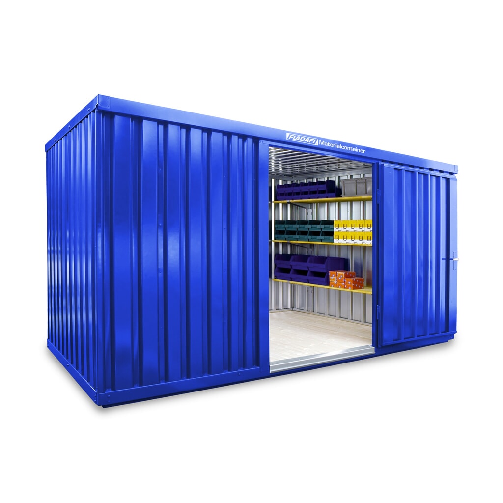 FLADAFI® Materialcontainer Einzelmodul, lackiert, HxBxT 2.150 x 4.050 x 2.170 mm, montiert, Holzfußboden, enzianblau Produktabbildung: FLADAFI® Materialcontainer Einzelmodul, lackiert, HxBxT 2.150 x 4.050 x 2.170 mm, montiert, Holzfußboden, enzianblau