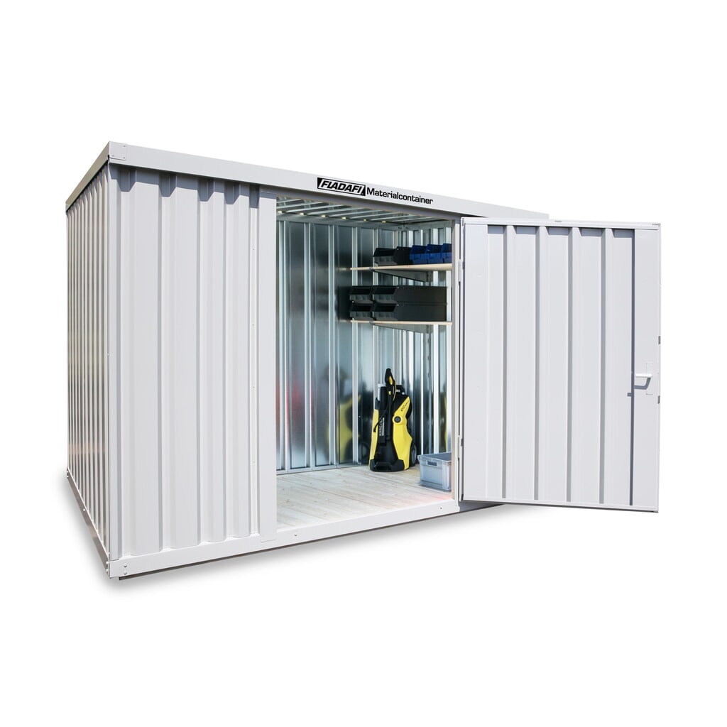 Produktabbildung: FLADAFI® Materialcontainer Einzelmodul, lackiert, HxBxT 2.150 x 3.050 x 2.170 mm, montiert, Holzfußboden, lichtgrau