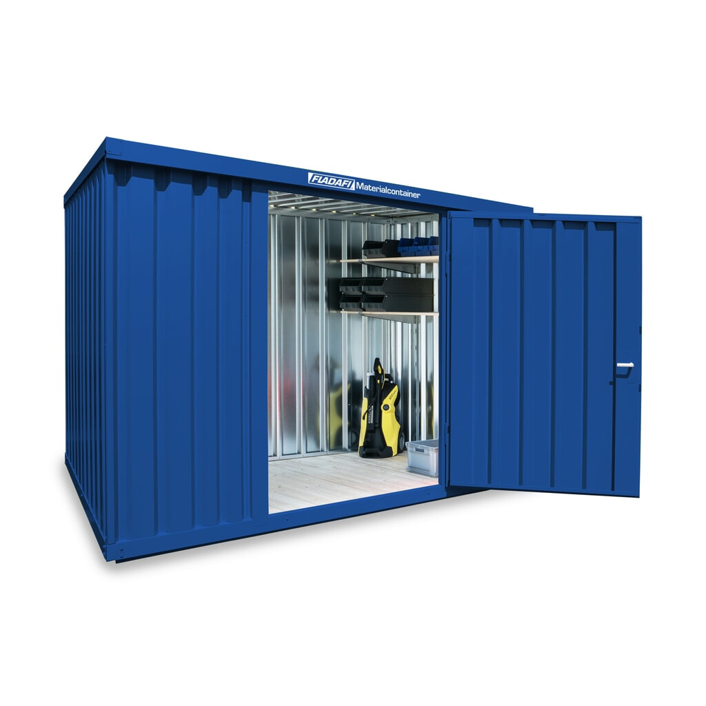 Produktabbildung: FLADAFI® Materialcontainer Einzelmodul, lackiert, HxBxT 2.150 x 3.050 x 2.170 mm, montiert, Holzfußboden, enzianblau